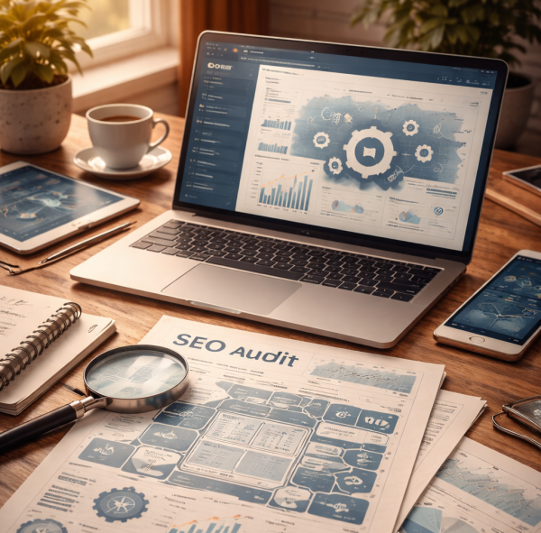 SEO audit workspace on wood